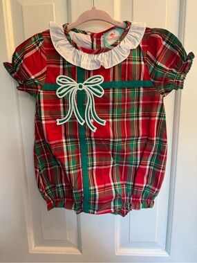 The Smocked Flamingo Christmas Plaid Bow Bubble Romper Girls